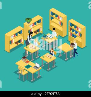 Education isométrique bannière leçon du milieu de l'école situation avec les élèves et illustration vectorielle abstraite enseignant en classe Illustration de Vecteur
