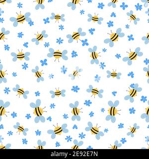 Motif sans couture avec fleurs et abeilles sur fond blanc. Adorables personnages de dessin animé. Modèle pour invitation, cartes, textile, tissu Illustration de Vecteur