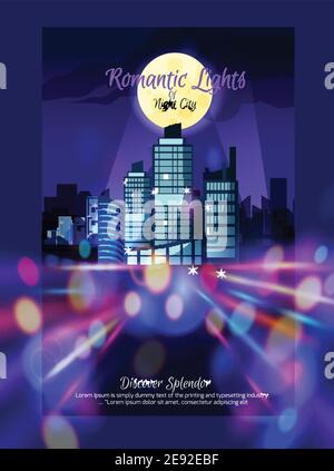 Affiche violet City Nightscape dans le cadre avec gratte-ciel illuminés par silhouettes de bâtiment de lune et lumières colorées illustration vectorielle plate Illustration de Vecteur