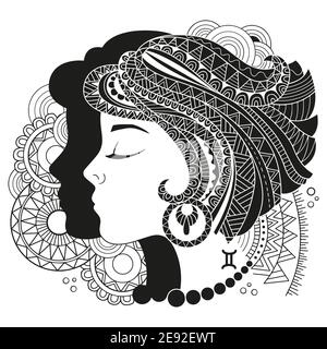 Style tatouage. Silhouette vectorielle gemini isolée sur fond blanc. Signe du zodiaque gémeaux . Illustration de Vecteur