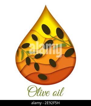 Banderole verticale huile d'olive. Une goutte d'huile dorée et brillante avec des branches d'olive, coupée en papier. Peut être utilisé pour la conception d'étiquettes. Illustration vectorielle. Illustration de Vecteur