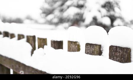 Barrière en bois recouverte de neige blanche lors d'une tempête de neige abondante, buissons en arrière-plan. Neige sur une clôture en bois comme image d'arrière-plan. Banque D'Images
