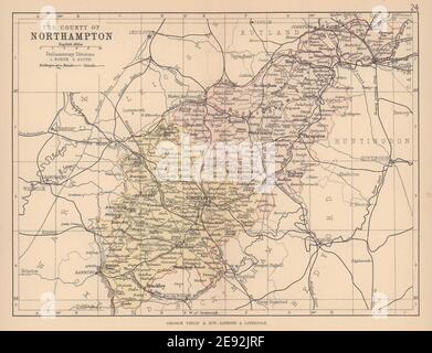 NORTHAMPTONSHIRE. Carte du comté. Voies ferrées canaux. Circonscriptions. PHILIP 1885 Banque D'Images