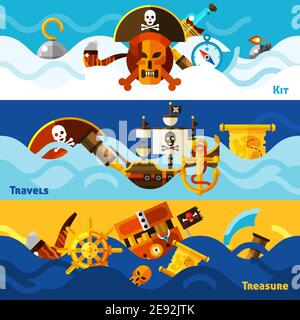 Pirates plate bannières horizontales ensemble avec icônes de kit pour bateau de voyage nautique avec des emblèmes de crâne dans les vagues en dessin animé illustration vectorielle de style Illustration de Vecteur