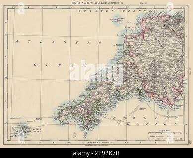 SUD-OUEST DE L'ANGLETERRE. Devon Cornwall Scilly Isles. JOHNSTON 1901 ancienne carte Banque D'Images
