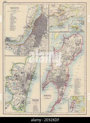 LES VILLES DE L'INDE BRITANNIQUE. Calcutta(Kolkata)Madras(Chennai)Bombay(Mumbai) 1901 carte Banque D'Images