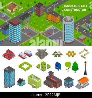 Bannières isométriques City Constructor avec vue de dessus de la composition de la ville et éléments de l'infrastructure urbaine illustration vectorielle Illustration de Vecteur