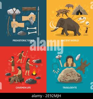 Composition plate en couleur avec titre représentant les outils préhistoriques de la vie de caveman illustration vectorielle isolée troglodyte du monde antique Illustration de Vecteur