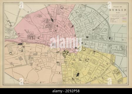 DUBLIN ville antique plan par GW BACON Irlande 1885 ancienne carte Banque D'Images