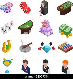 Jeux de casino icônes isométriques ensemble de cartes jetons dés fer à cheval et illustration du vecteur isolé du croupier Illustration de Vecteur