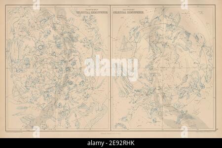 Hémisphères célestes du Nord et du Sud. Tableaux d'étoiles. BARTHOLOMEW 1870 carte Banque D'Images