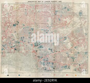 Carte descriptive de la pauvreté de Londres. STAND. Ne - East End Hackney Islington 1889 Banque D'Images