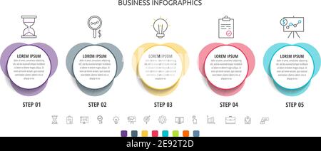 Infographie sur les lignes vectorielles des cercles avec icônes en 5 étapes. Chronologie utilisée pour le diagramme, le graphique, le Web, la bannière, la disposition du flux de travail, les présentations, l'organigramme, le traitement Illustration de Vecteur