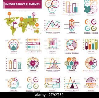 Ensemble d'éléments infographiques avec différents types de diagrammes graphiques et présente une illustration vectorielle isolée plate Illustration de Vecteur