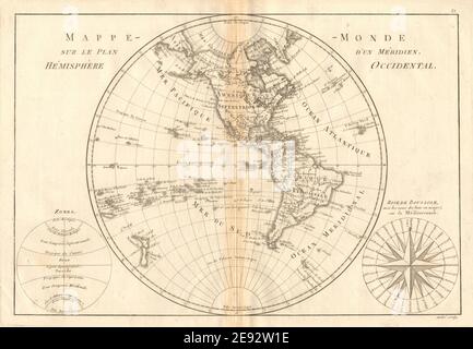 Mappe-monde sur le plan d’un Méridien, hémisphère occidental. BONNE 1787 Banque D'Images