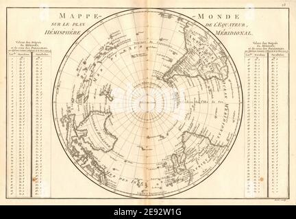 Mappe-monde sur le plan de l’Équateur, hémisphère Méridional. BONNE 1787 Banque D'Images