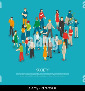 Affiche de personnes isométriques avec mélange de différents hommes et femmes dans la foule sur fond bleu illustration vectorielle Illustration de Vecteur