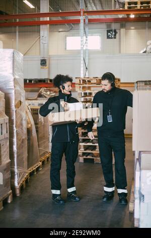 Une femme entrepreneur tient des paquets tout en discutant avec un collègue de sexe masculin dans entrepôt logistique Banque D'Images