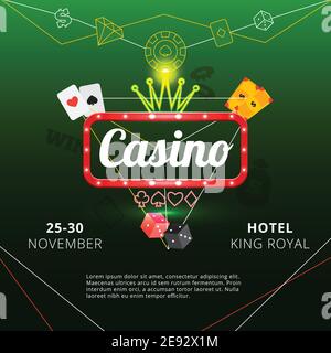 Affiche d'invitation au casino royal de l'hôtel avec enseigne au néon et couronne sur fond vert illustration vectorielle plate Illustration de Vecteur