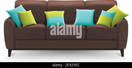 Canapé marron avec coussins décoratifs pour s'asseoir ou dessiner pièce maison design isolé réaliste illustration vectorielle Illustration de Vecteur