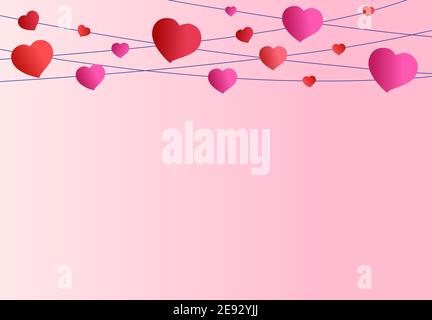 Arrière-plan rose jour de la Saint-Valentin. Les coeurs rouges et roses pendent sur les guirlandes sur fond rose. Illustration vectorielle Saint-Valentin jour ou anniversaire. Illustration de Vecteur