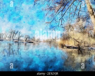 Paysage hivernal enneigé sur la Havel à Havelland. Aquarelle Banque D'Images