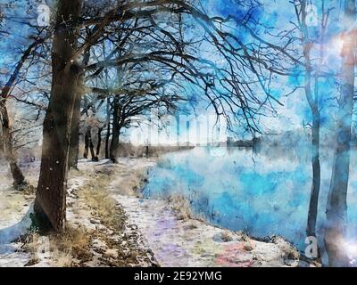 Paysage hivernal enneigé sur la Havel à Havelland. Aquarelle Banque D'Images