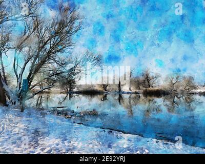 Paysage hivernal enneigé sur la Havel à Havelland. Aquarelle Banque D'Images