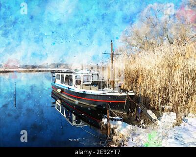 Paysage hivernal enneigé sur la Havel à Havelland. Bateau dans l'eau. Aquarelle Banque D'Images