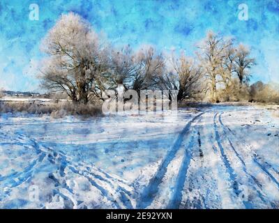 Paysage hivernal enneigé sur la Havel à Havelland. Aquarelle Banque D'Images