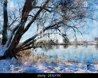 Paysage hivernal enneigé sur la Havel à Havelland. Aquarelle Banque D'Images