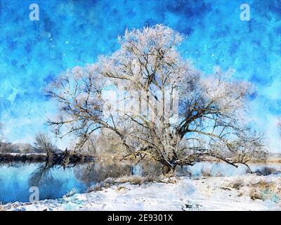 Paysage hivernal enneigé sur la Havel à Havelland. Aquarelle Banque D'Images