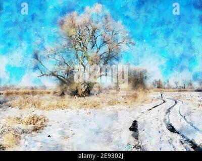 Paysage hivernal enneigé sur la Havel à Havelland. Aquarelle Banque D'Images