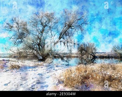 Paysage hivernal enneigé sur la Havel à Havelland. Aquarelle Banque D'Images