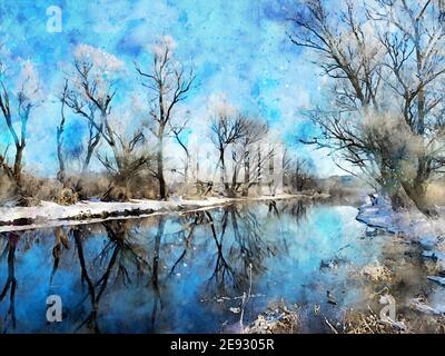 Paysage hivernal enneigé sur la Havel à Havelland. Aquarelle Banque D'Images