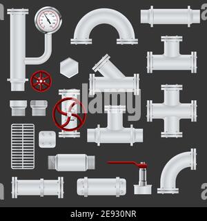 Pipeline réaliste icônes réalistes ensemble avec tubes en acier métallique et illustration de vecteur isolé d'éléments de tuyauterie Illustration de Vecteur