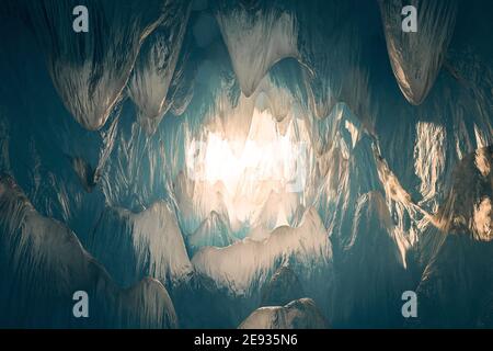 rendu 3d de la grotte de glace avec lumière du soleil à la fin de tunnel Banque D'Images