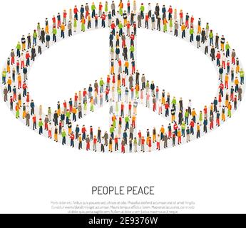 Une foule de personnes différentes forme un énorme symbole de paix par elles-mêmes sur fond blanc, illustration du vecteur de l'affiche isométrique Illustration de Vecteur