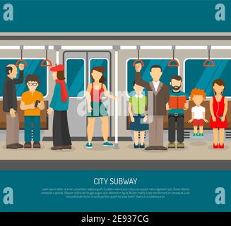 Affiche de la scène du métro à l'intérieur du train souterrain avec foule de passagers assis et debout, illustration vectorielle plate Illustration de Vecteur