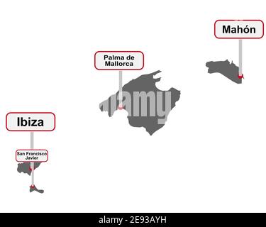 Place signes de nom et plan des îles Baléares Banque D'Images