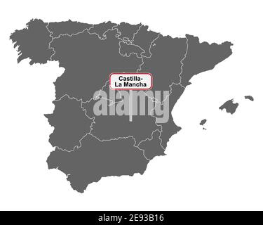 Carte de l'Espagne avec le nom du lieu de Castilla- la Mancha Banque D'Images