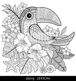 Livre de coloriage pour adultes. Toucan parmi les feuilles et les fleurs tropicales. Page de coloriage pour la détente et le relif Illustration de Vecteur