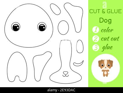 Livre de coloriage couper et coller bébé chien. Jeu de papier éducatif pour les enfants d'âge préscolaire. Feuille de travail Couper et Coller. Couleur, pièces coupées et colle sur le papier. Illustration de Vecteur
