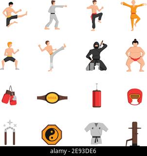 Icônes des arts martiaux avec des symboles de boxe et de judo à plat illustration vectorielle isolée Illustration de Vecteur