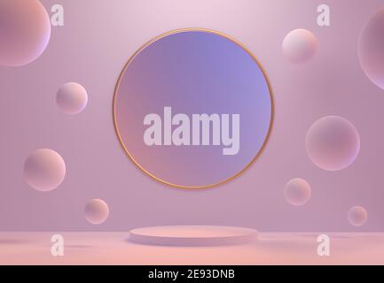 Scène ronde abstraite de couleur rose. Podium pour la présentation des produits. Un piédestal avec des bulles géométriques. Rendu 3D. Banque D'Images