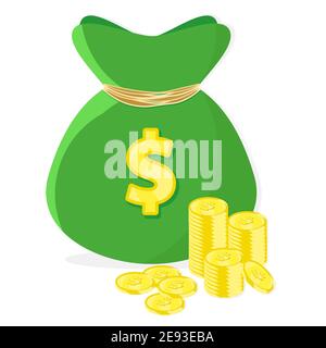 Illustration vectorielle sac d'argent vert avec piles de pièces de monnaie dorées Illustration de Vecteur