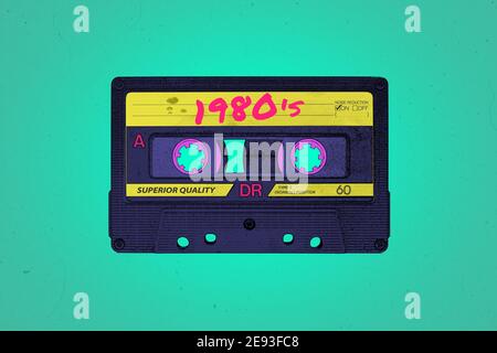Une cassette audio rétro de style néon synthwave sur le thème des années 1980 arrière-plan de l'illustration avec espace de copie Banque D'Images
