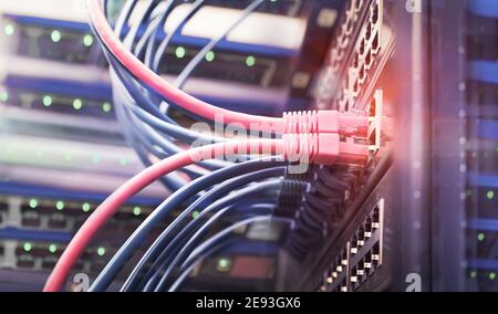 Rack serveur bleu et rouge avec cordon de raccordement internet câbles connectés au panneau de raccordement noir dans la salle des serveurs de données Banque D'Images