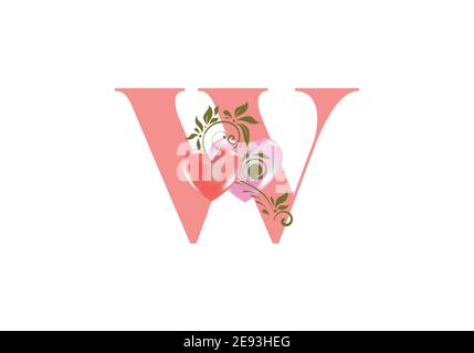 Alphabet floral, lettre W avec deux coeurs. Initiales du monogramme pour les invitations de mariage, la carte de vœux, etc. Concept de la Saint-Valentin Illustration de Vecteur