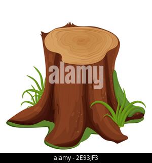 Souche pourrie d'arbre avec de la mousse et de l'herbe de style dessin animé isolée sur fond blanc. Mise en plan détaillée avec racine, texture du bois, gros plan, interface utilisateur Illustration de Vecteur